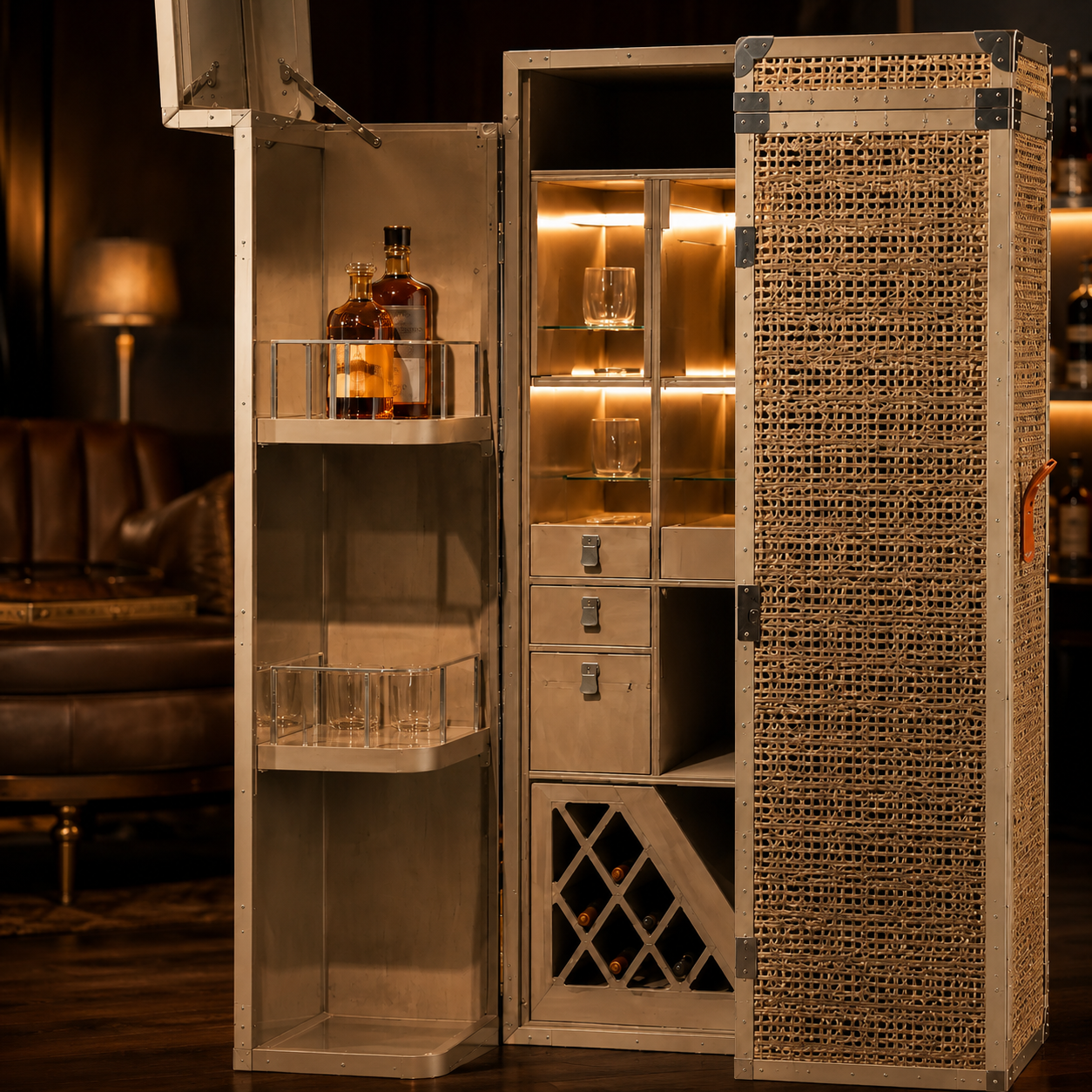 Bar and cigar cabinet with open display and storage