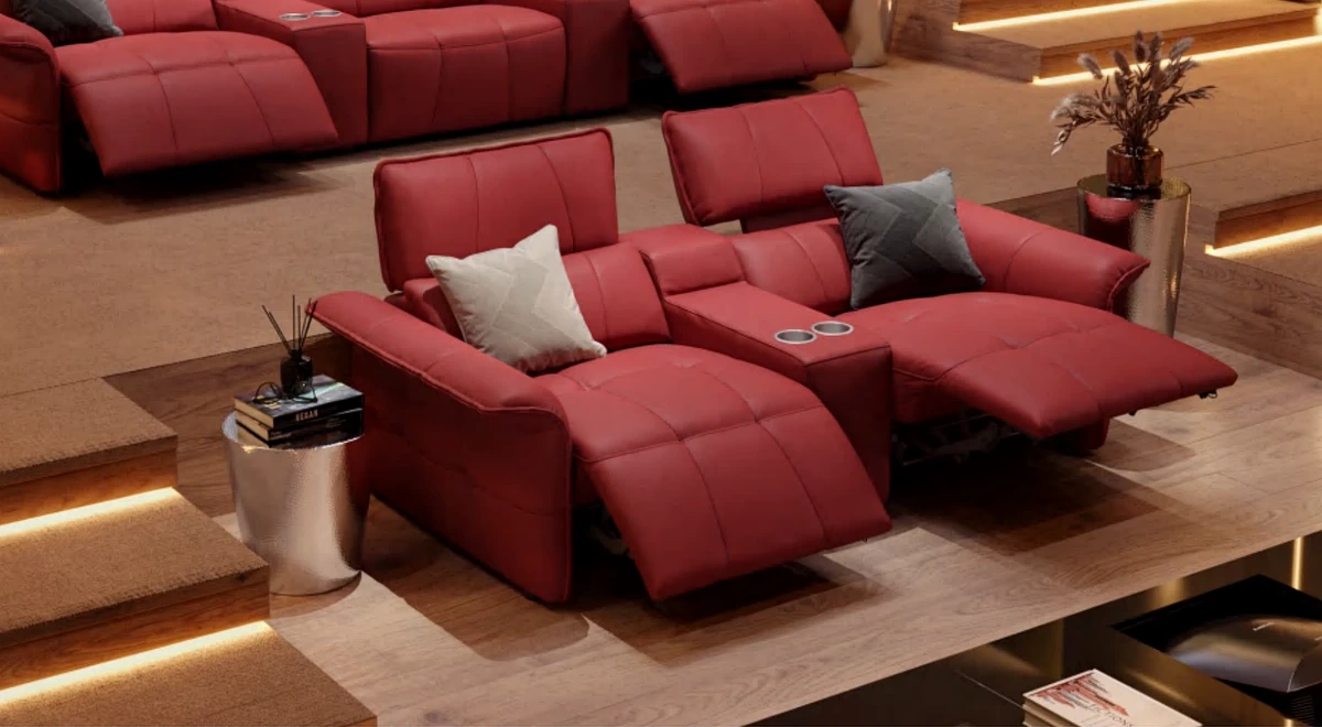 Two-seat Luna Media Sofa with console and footrests extended