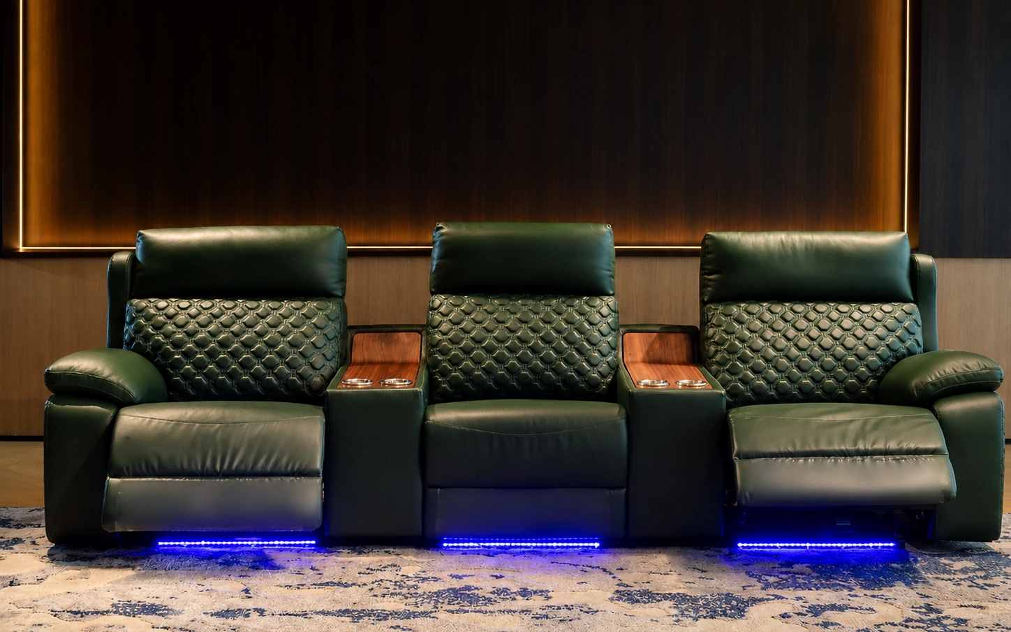 Complete Walnut Row three-seat cinema seating arrangement with wood-accent console modules